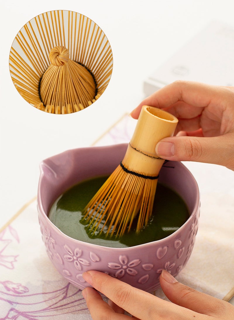 دائرة مربعة طقم ماتشا ياباني فاخر 8 قطع مع علبة هدايا بنفسجية – وعاء سيراميك، خفاقة خيزران، ملعقة، منخل، كوب زجاجي وحقيبة – طقم شاي ماتشا تقليدي مثالي للهدايا - Image 4